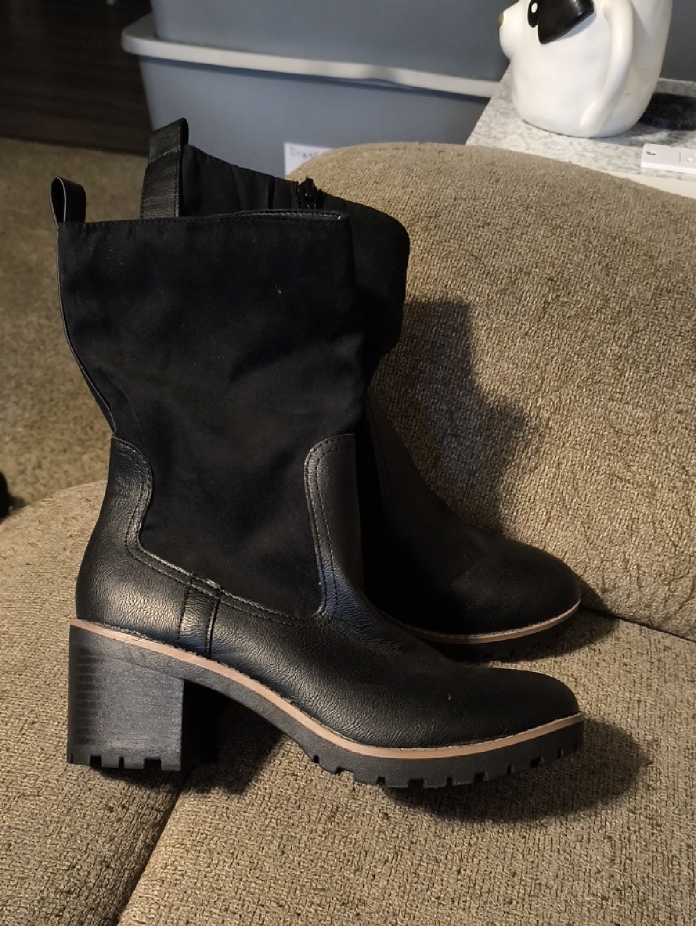 Style & Co. Black Mixed-Material Mid-Calf Block Heel Boots